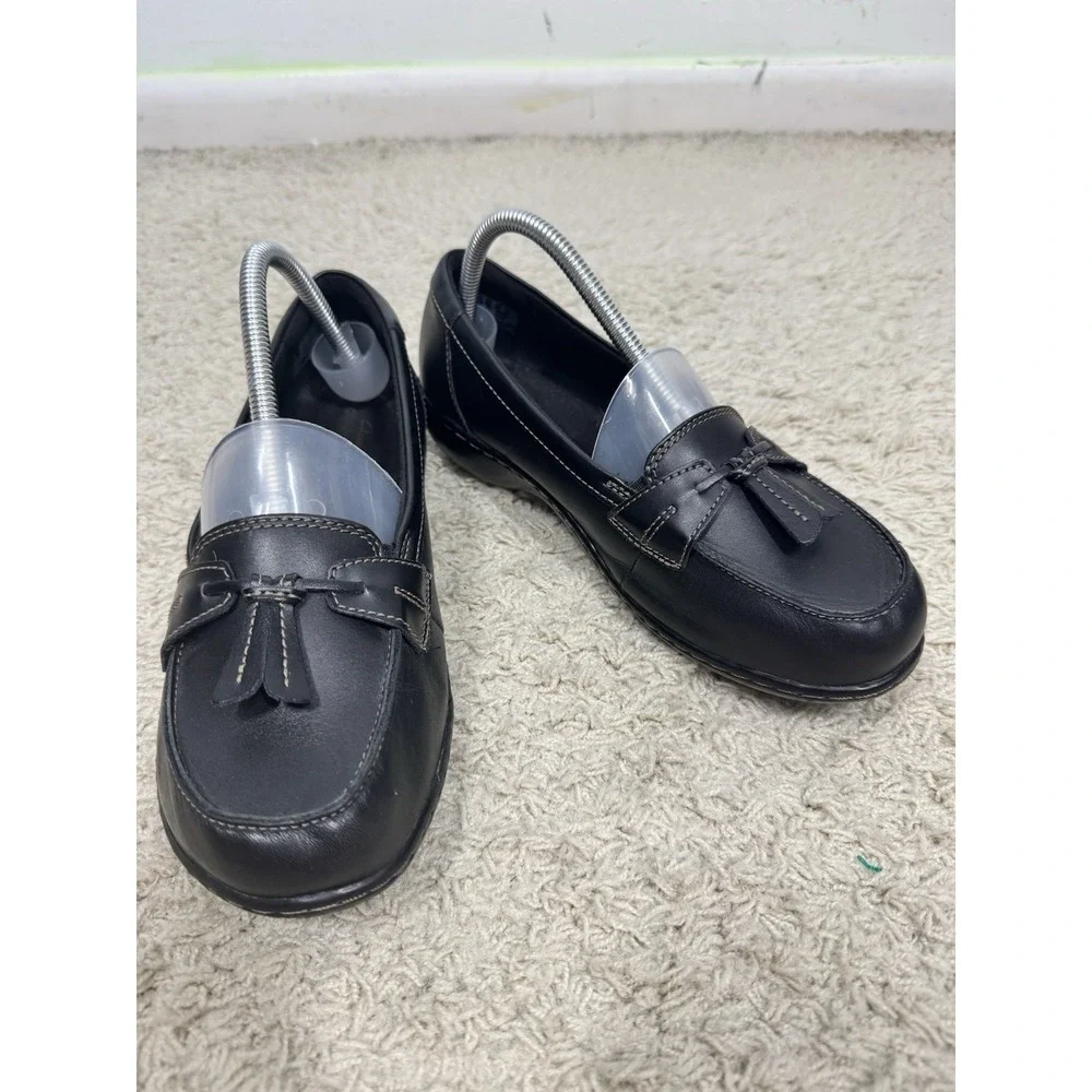 Clarks Ashland Bubble Black Leather Slip On Comfort‎ Loafers Size 8.5 XW Tassels